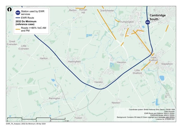 Figure 77 is an image showing roads in the Comberton to Shelford study area which are expected to have a VoC >=85% in 2034 (without the project scenario)