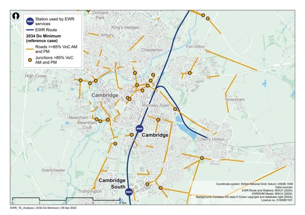 Figure 89 is an image showing roads in the Cambridge study area which are expected to have a VoC >=85% in 2034 (without the project scenario)